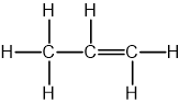 Diagram of propene molecule showing three carbon atoms bonded in a chain, with each carbon atom bonded to hydrogen atoms.