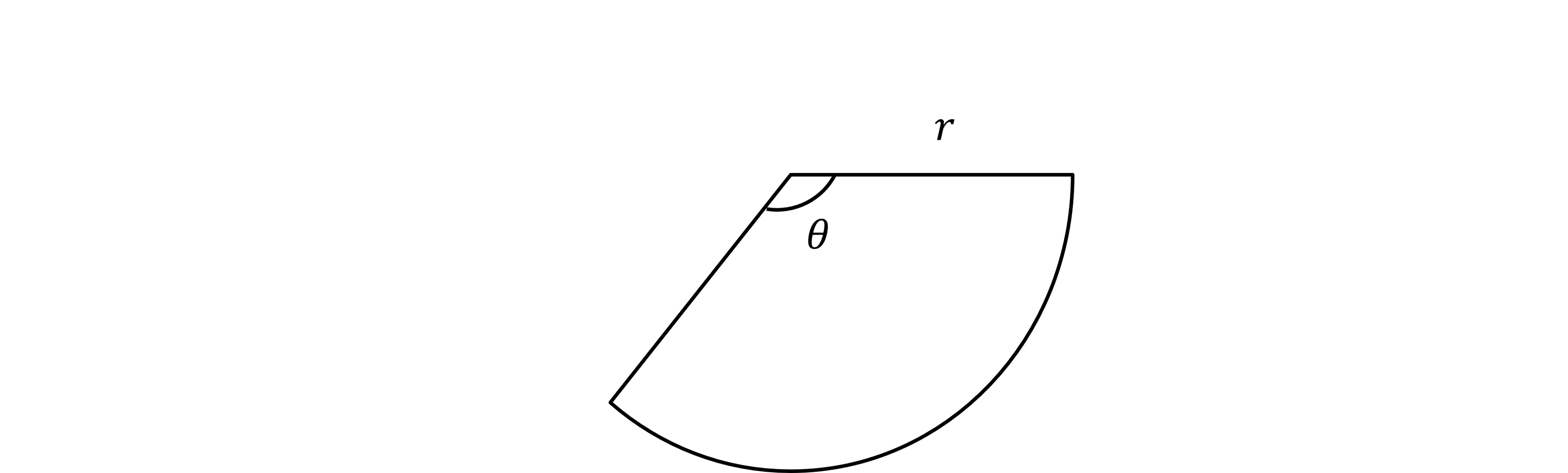 Diagram of a sector with radius r, central angle θ radians, and the arc forming a part of a circle. Lines are marked to indicate the radius.