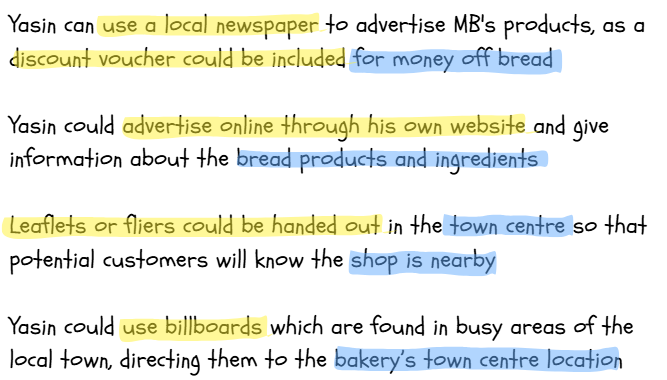 Text outlines advertising methods for Yasin's bakery with highlights on local newspapers, online websites, leaflets, and billboards for promoting bread.