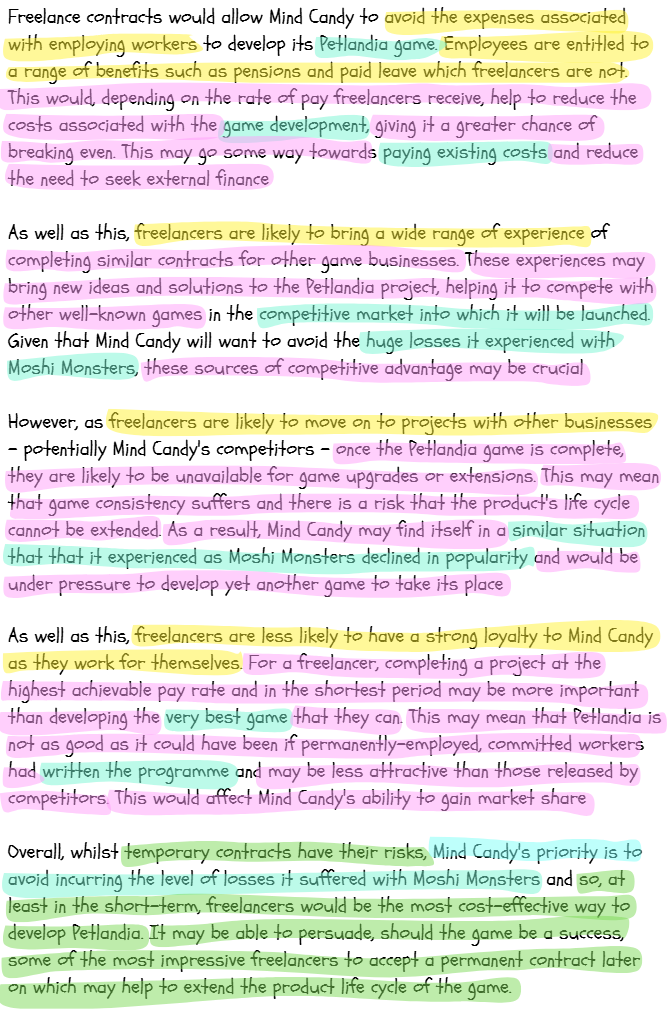 Text discusses Mind Candy's use of freelancers for Petlandia development, highlighting cost benefits, potential project risks, and competitive market strategies.