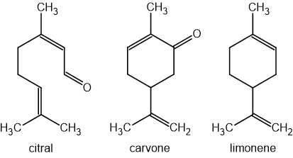 Chemical structures of citral, carvone, and limonene, displayed from left to right, each with distinct molecular arrangements.