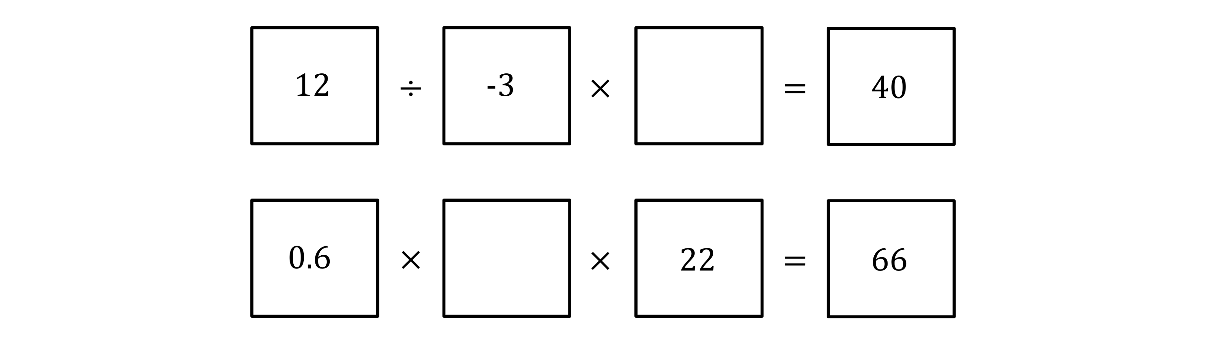Two mathematical equations with missing values: 12 ÷ -3 × ? = 40 and 0.6 × ? × 22 = 66.