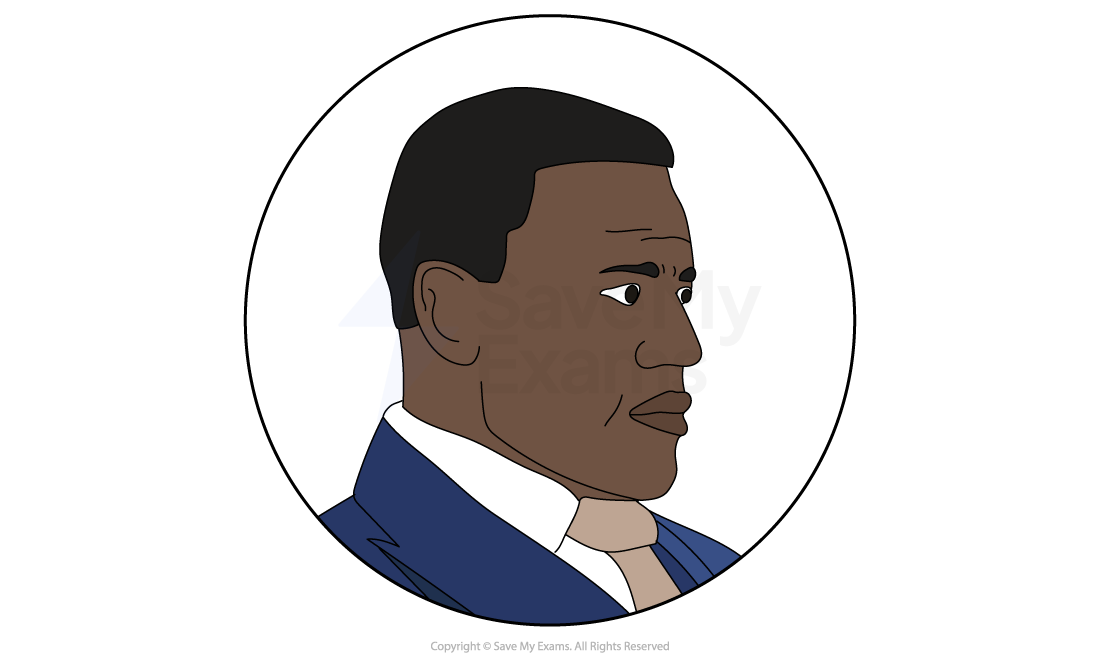 Illustration of a man in profile wearing a blue suit and beige tie, set in a white circular frame on a plain background.