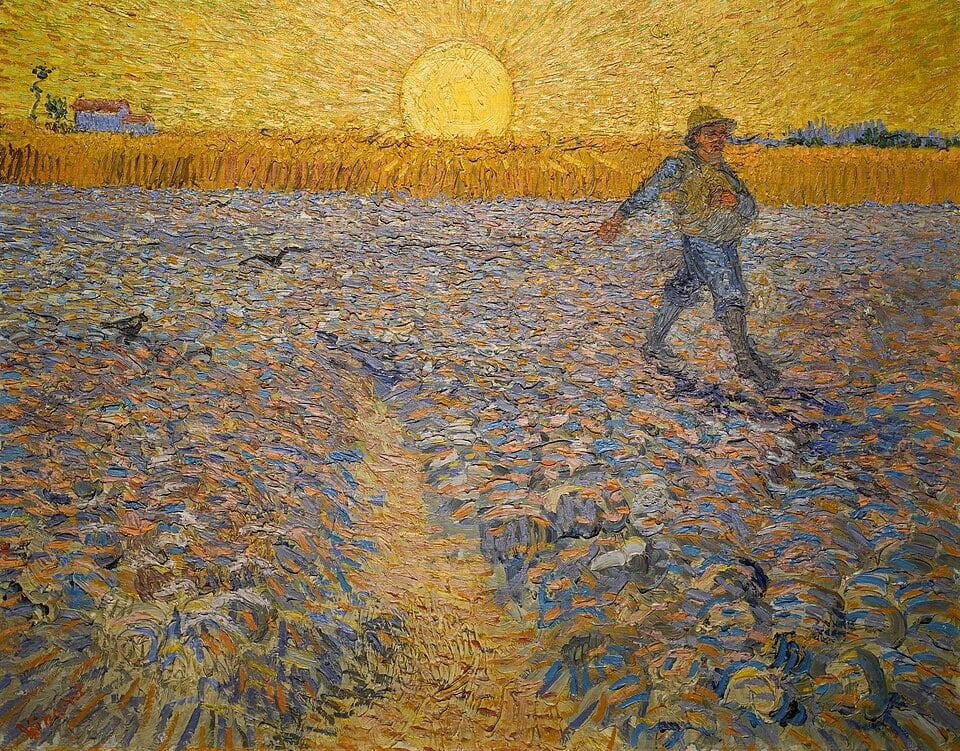 A farmer sows seeds in a vibrant field under a large, radiant sun. The sky and ground are textured with swirling brushstrokes of yellow and blue.