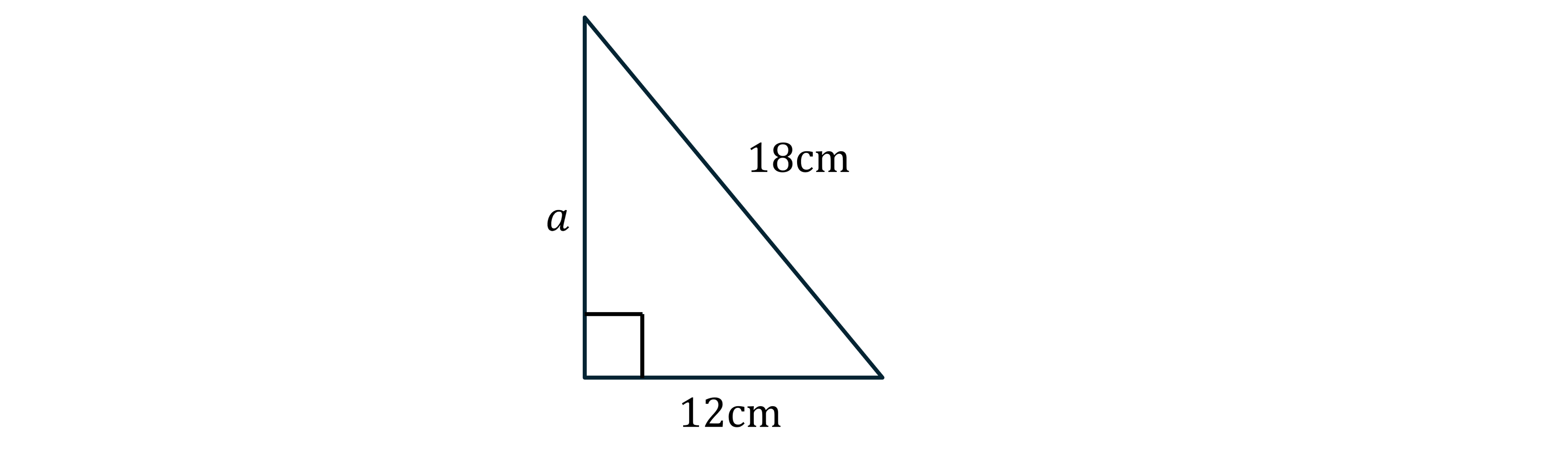 Right-angled triangle with sides labelled 12cm, 18cm, and 'a'. The right angle is near sides 'a' and 12cm.