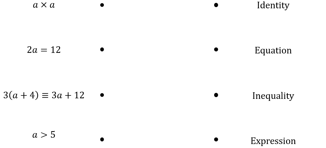 Identity, Equation, Inequality, Expression
a × a, 2a = 12, 3(a + 4)  ≡ 3a + 12 and a > 5