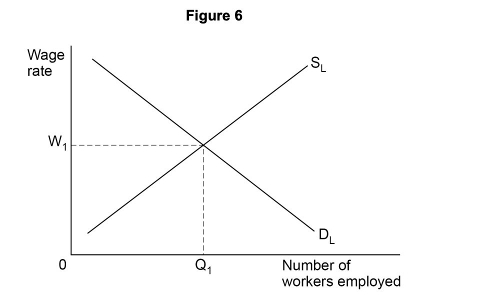 Graph titled "Figure 6" showing labour supply and demand curves intersecting, with wage rate on the vertical axis, number of workers employed on the horizontal.