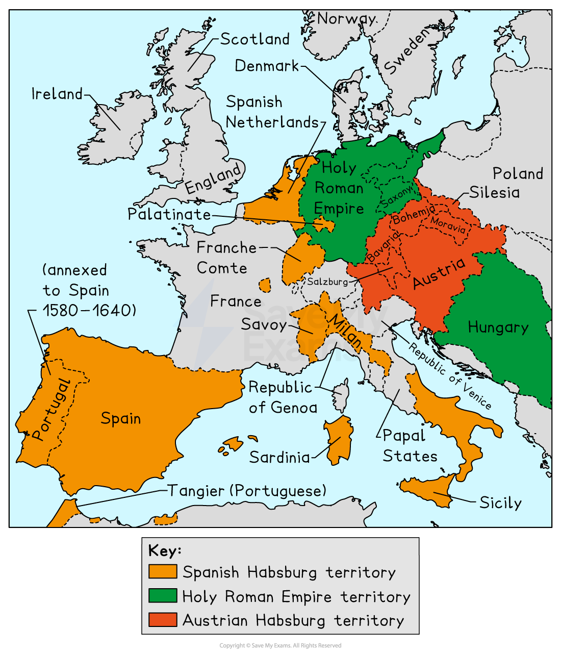 A colour-coded historical map of Europe displays the division of Habsburg territories during the early modern period. The regions are shaded in three colours to distinguish control:

Orange: Spanish Habsburg territory (e.g., Spain, Portugal [annexed 1580–1640], Naples, Sicily, Sardinia, Milan, Spanish Netherlands, Franche-Comté, and parts of North Africa including Tangier).

Green: Holy Roman Empire territory (central Europe including modern-day Germany, parts of the Low Countries, and areas of Eastern Europe like Hungary and Bohemia).

Red: Austrian Habsburg territory (including Austria, Bohemia, Moravia, and parts of Hungary).
