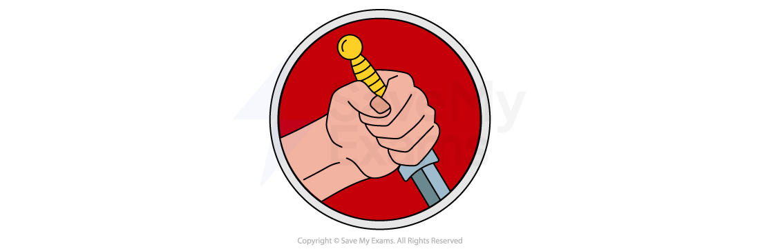 Hand gripping a sword with a yellow hilt against a red circular background, symbolising strength or courage.