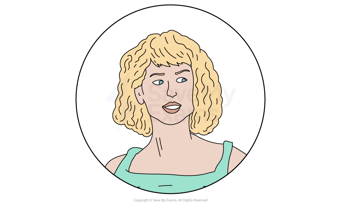 Illustration of a person with curly blonde hair, wearing a green top. The background is a simple white circle, focusing on the person's expression.