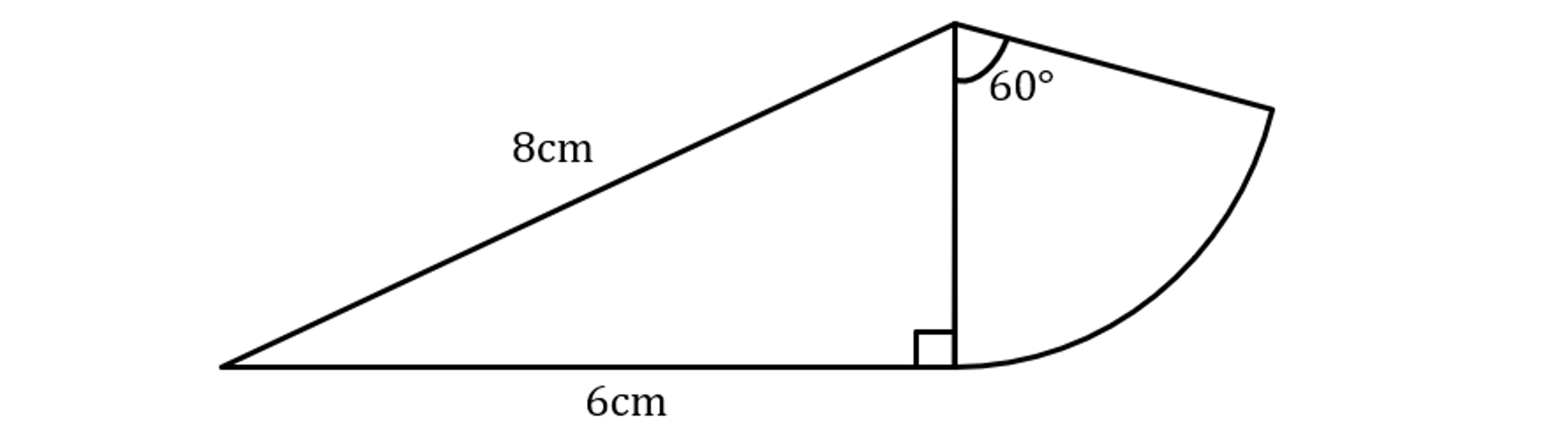 Right triangle with base 6 cm, hypotenuse 8 cm, and height perpendicular to the base. The angle is 60 degrees.