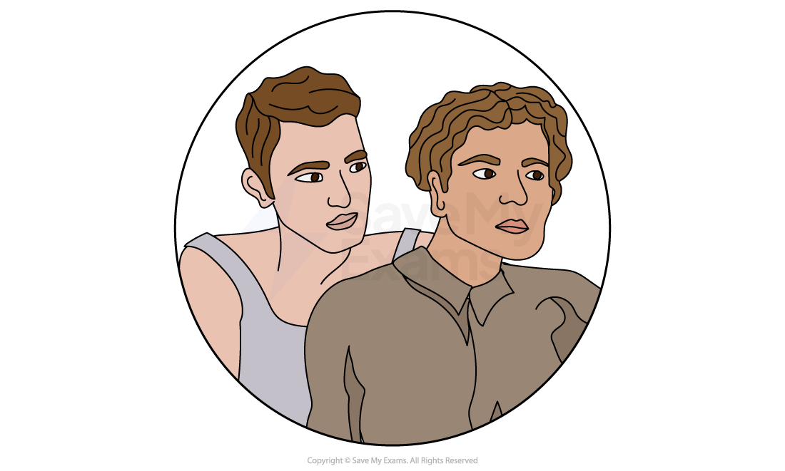 Two drawn characters in a circular frame, one wearing a vest looking forward, the other in a collared shirt gazing right. Brown hair, neutral expressions.