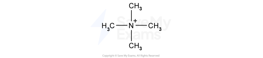 Chemical structure of tetramethylammonium, showing a central nitrogen atom bonded to four methyl groups, each represented as CH₃, with a positive charge.