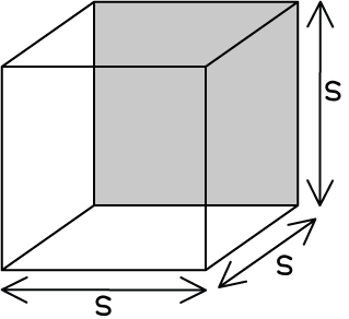 Diagram of a cube with sides labelled "s". Each side is equal in length, illustrating a three-dimensional shape with lines and shading for depth.
