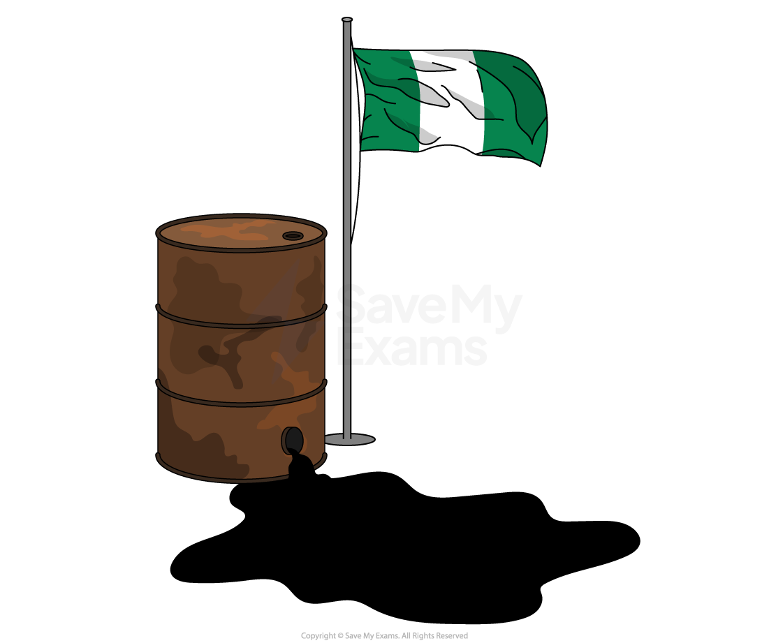 Rusty oil barrel leaking black oil beside a green and white flag on a pole, illustrating an environmental or political concept.