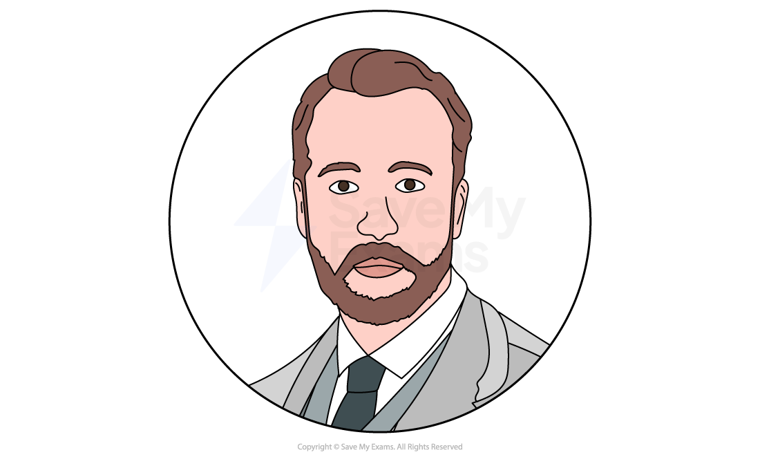 Illustrated portrait of a man with a beard in a suit and tie, set within a circular frame, with a neutral expression and neat hairstyle.