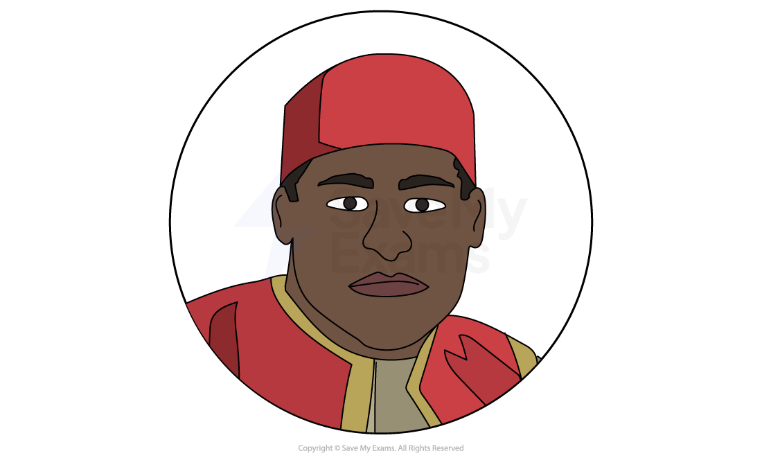 Illustration of a man wearing a red cap and robe with gold trim, set within a circular frame on a white background.