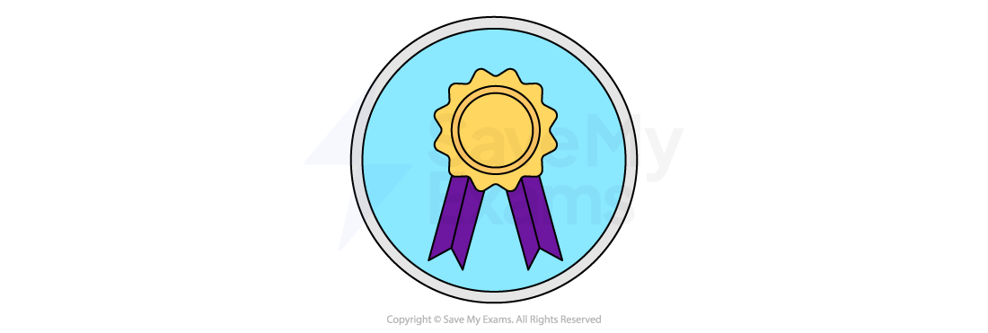 Gold medal with purple ribbons on a light blue background, enclosed in a circular grey border, representing achievement or award.