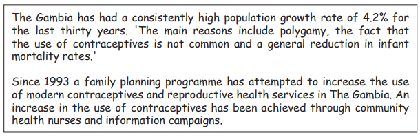 Text discussing The Gambia's high population growth rate due to low contraceptive use, polygamy, and reduced infant mortality, with family planning efforts since 1993.