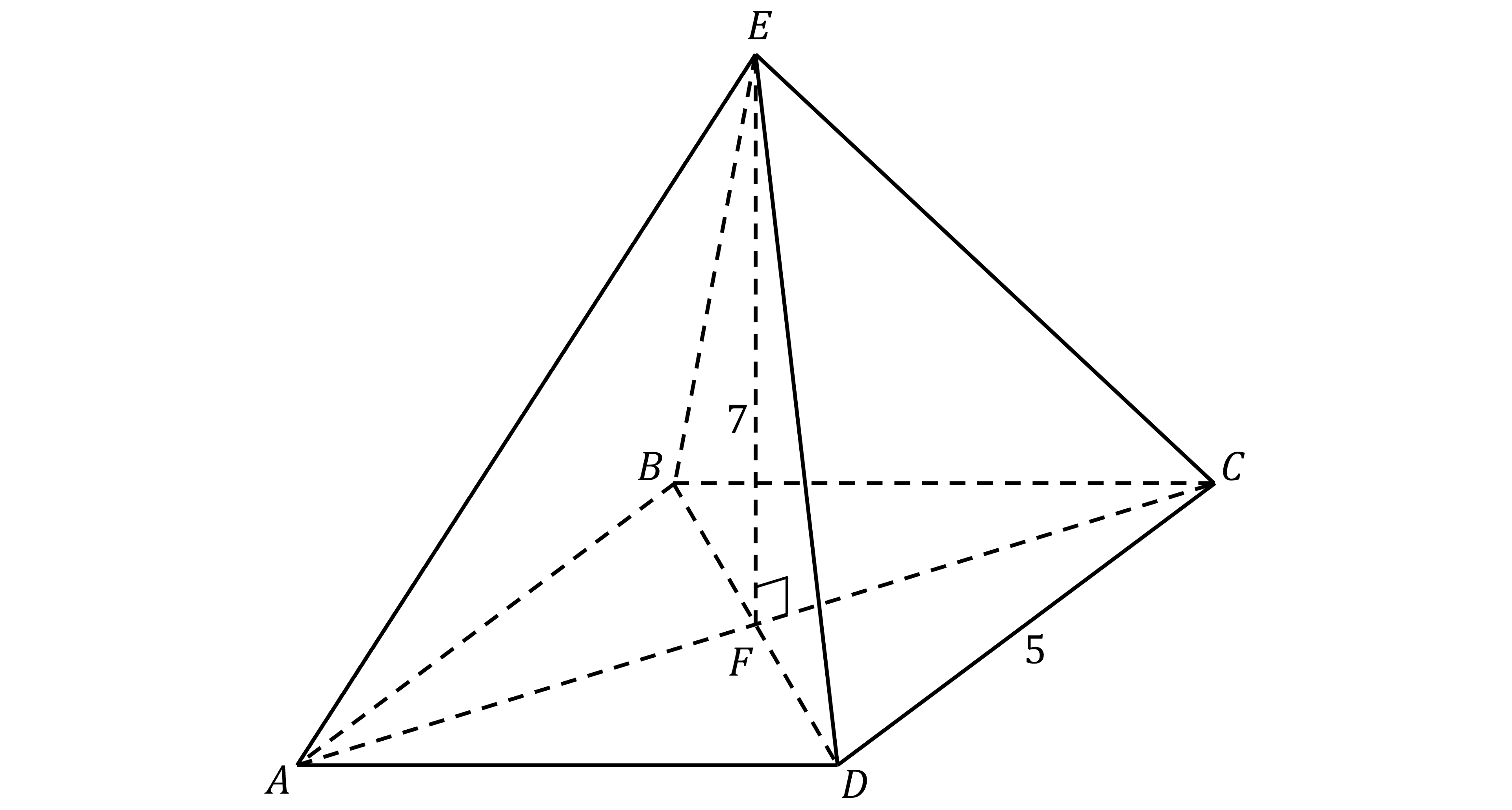 Square-based pyramid with base ABCD and apex E. Lines AC and BD intersect at point F. Line EF is 7 units, and intersects the base of the pyramid perpendicularly. Line DC is 5 units.