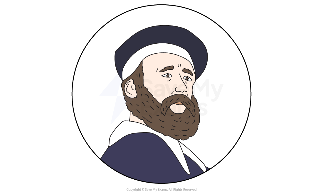Illustration of a bearded man in historical attire with a cap, set within a circular frame, displaying a contemplative expression.