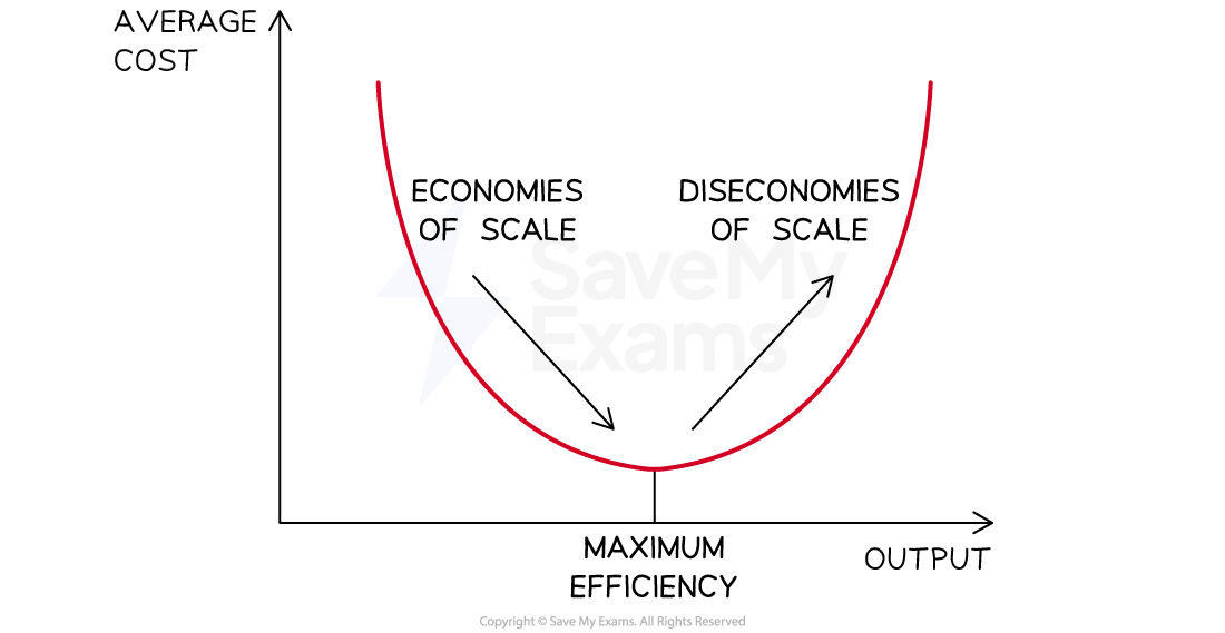 Graph depicting economies and diseconomies of scale, showing a U-shaped curve with the average cost on the y-axis and the output on the x-axis.