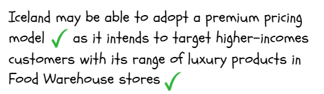 Text discussing Iceland's intention to adopt premium pricing for luxury products in Food Warehouse stores, targeting higher-income customers, with green check marks.