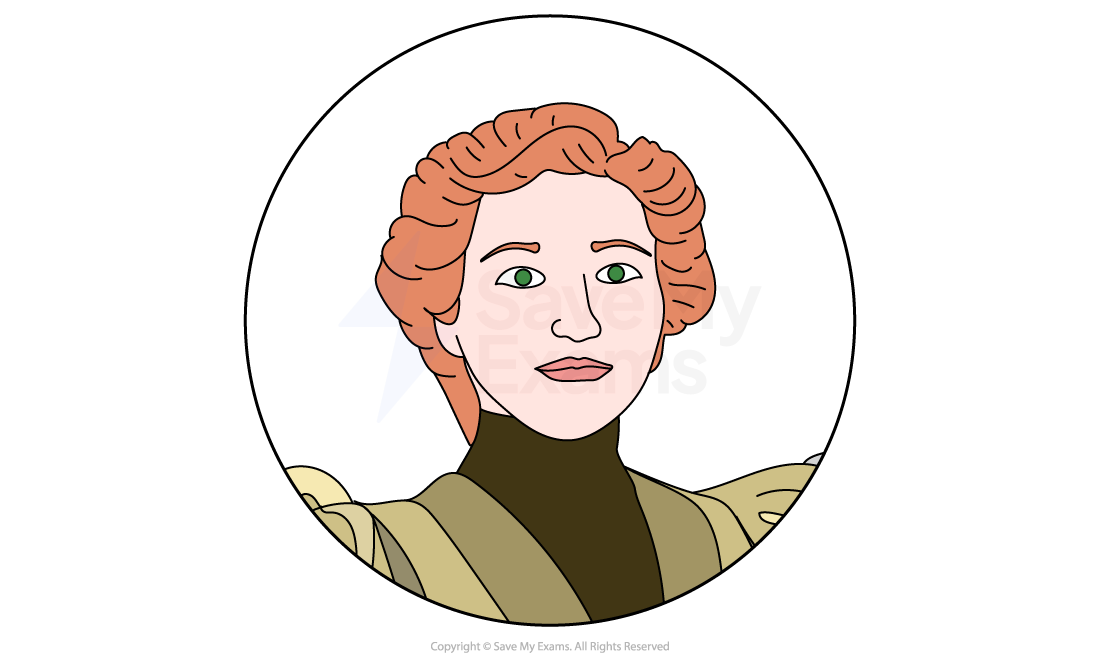 Illustration of a person with red curly hair, wearing a high-necked outfit in shades of green and brown, set in a circular frame.