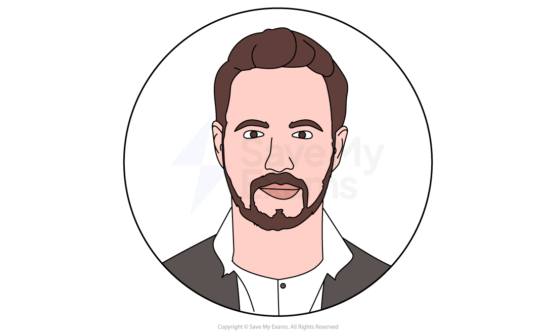 Illustration of a man with short brown hair, a beard, wearing a white shirt and dark jacket, enclosed in a circular frame with a soft background.