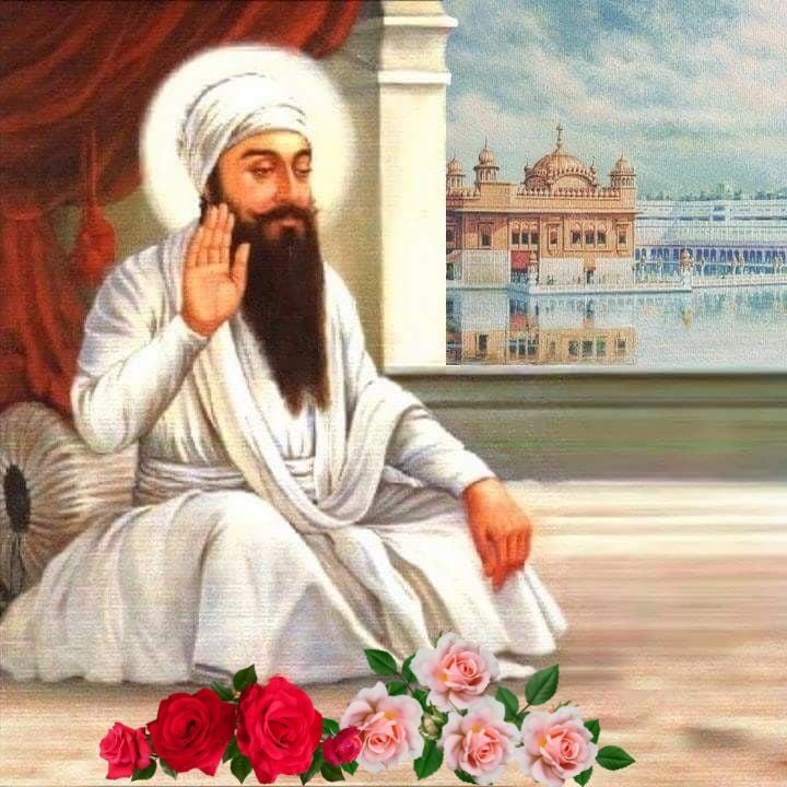 A serene figure in white robes sits with a raised hand in blessing; a temple and colourful roses are in the background, creating a peaceful scene.