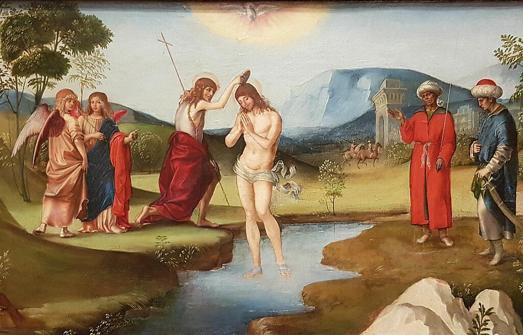 A Biblical scene of a baptism in a river, with onlookers including angels and men in robes, set against a mountainous landscape.