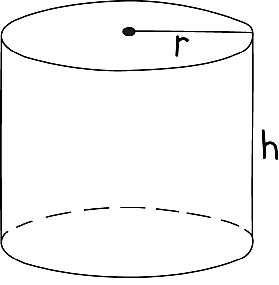 Diagram of a cylinder showing its height (h) and radius (r) with dashed lines representing the circular bases.
