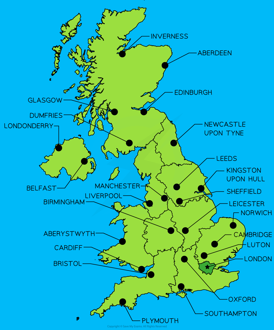 Map of the UK showing major cities, including London, Edinburgh, Cardiff, Belfast, Birmingham, Manchester, and Liverpool, highlighted by black dots.