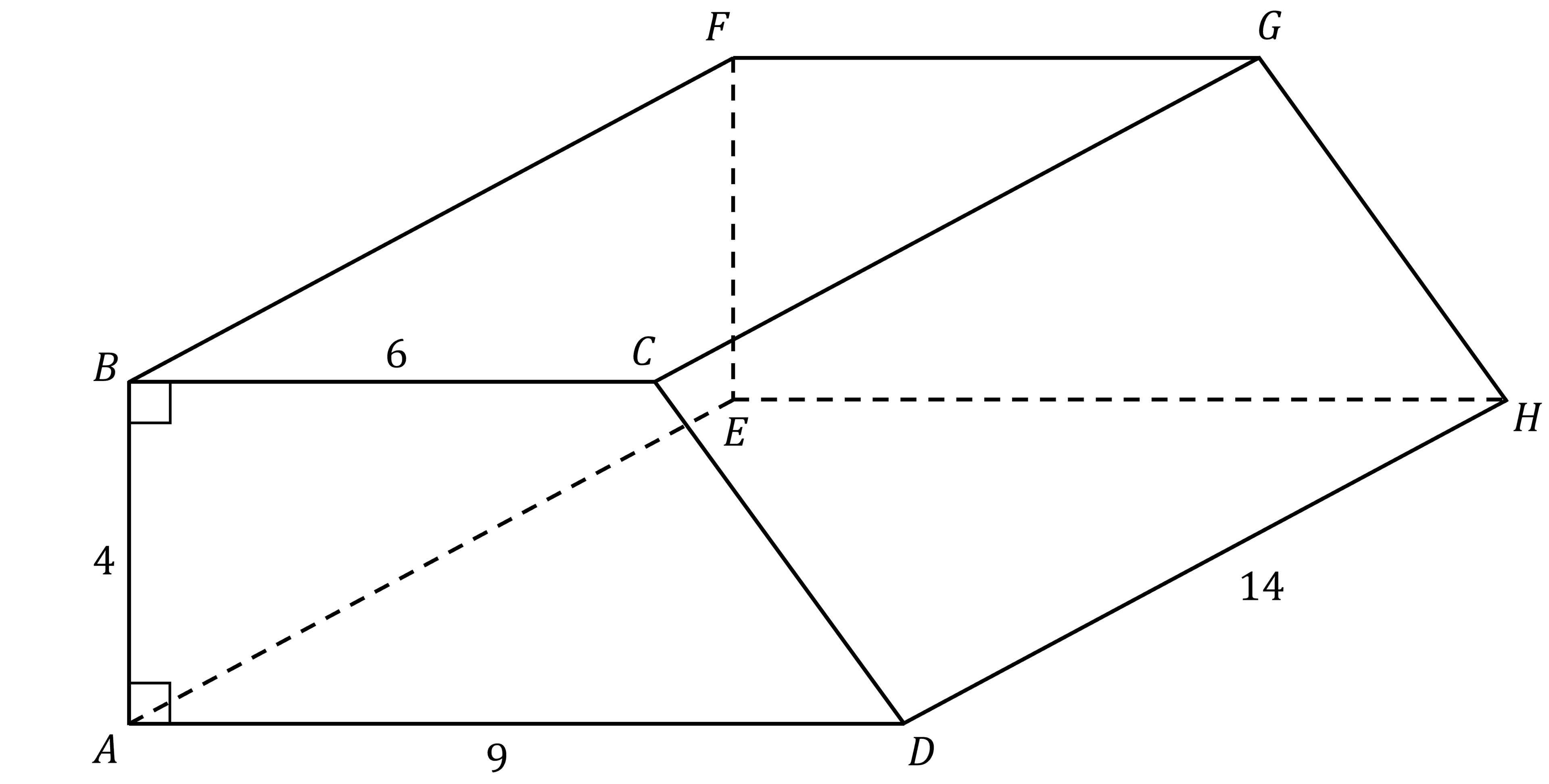 Prism ABCDEFGH with cross-section in for m of a trapezium represented by face ABCD, where the parallel sides BC and AD are labelled 6 and 9 and the perpendicular height AB is labelled 4. The length of the prism DH is labelled 14.