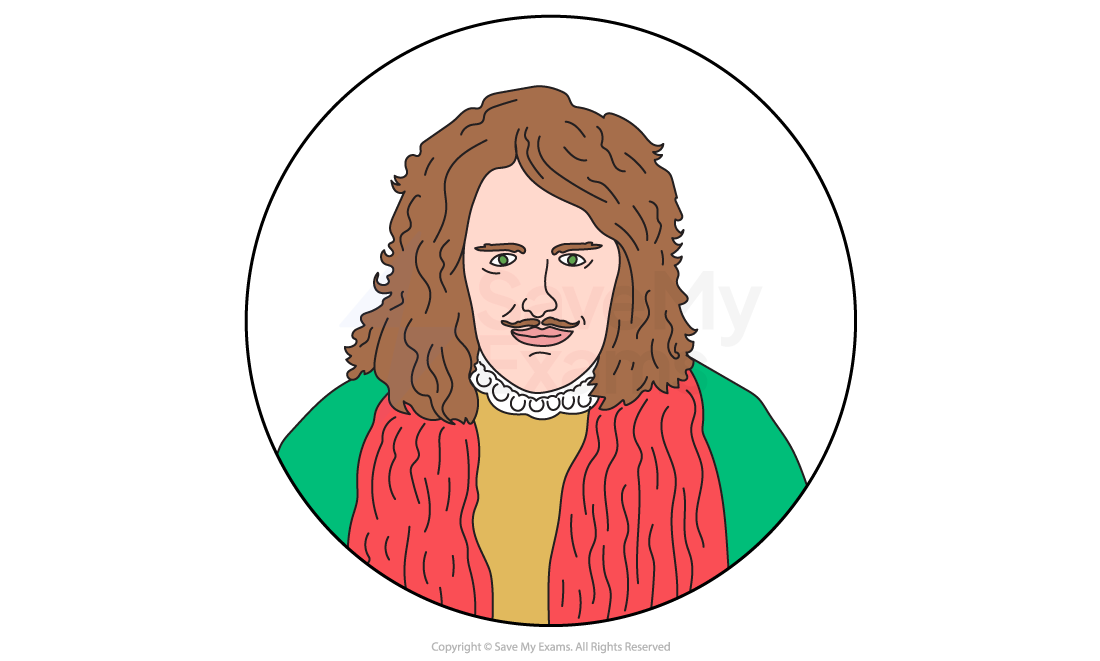 Illustration of a person with long curly hair, a moustache, wearing a red and green outfit with a ruffled white collar, within a circular frame.