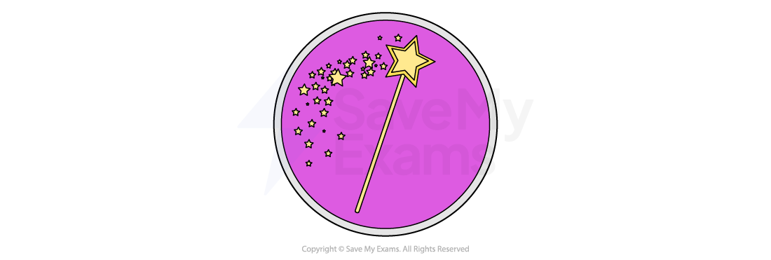 A magic wand with a star tip, surrounded by sparkling stars, on a pink circular background.