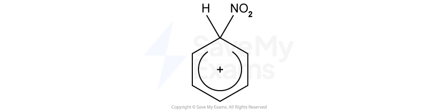 Chemical structure of nitrobenzyl cation, with a benzene ring, hydrogen, and nitro group, NO2, attached. Benzene has a positive charge.