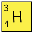 Yellow periodic table element square for Tritium (symbol T), showing atomic number 1 and mass number 3, with a black border.