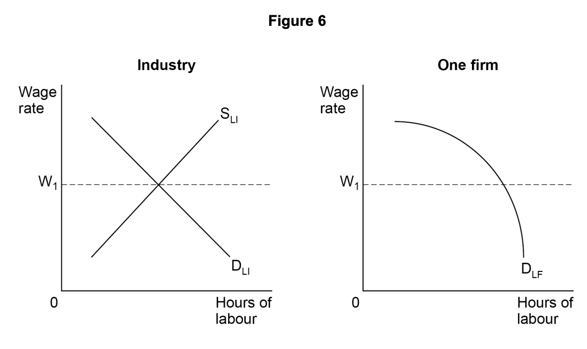 Two graphs: left shows industry labour supply and demand intersecting at wage W1; right shows a firm's labour demand curve with constant wage W1.