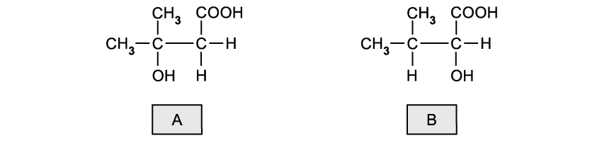 Two chemical structures labelled A and B; both show similar molecular diagrams with CH₃, COOH, OH, and H groups arranged differently.