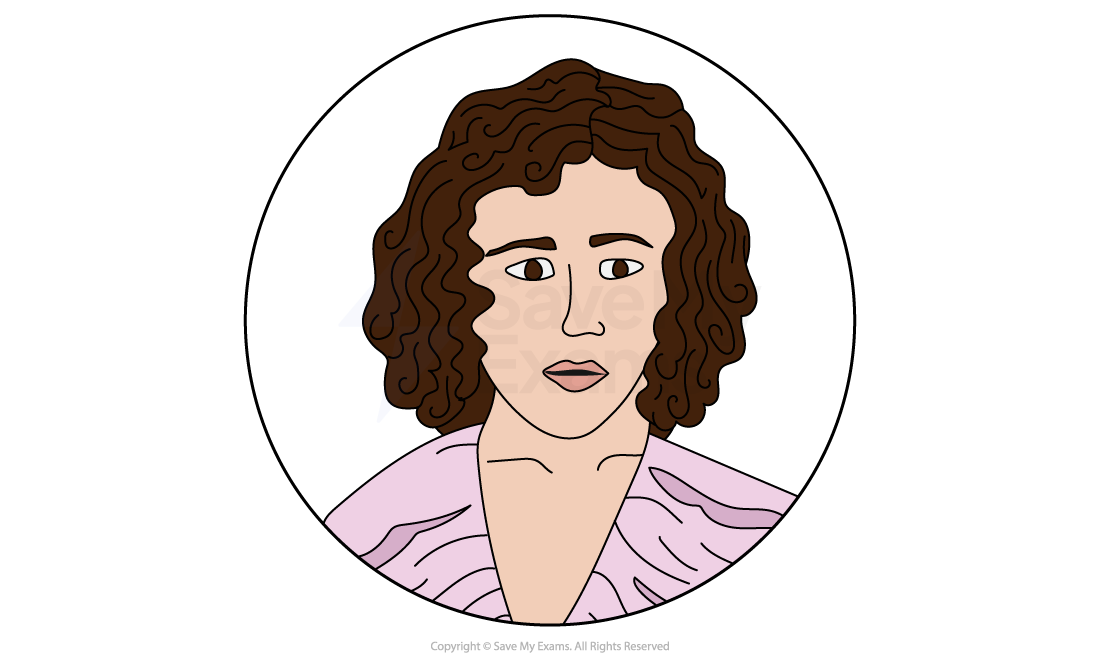 Illustration of a person with curly brown hair and a pink top, enclosed in a circle. The background is white.
