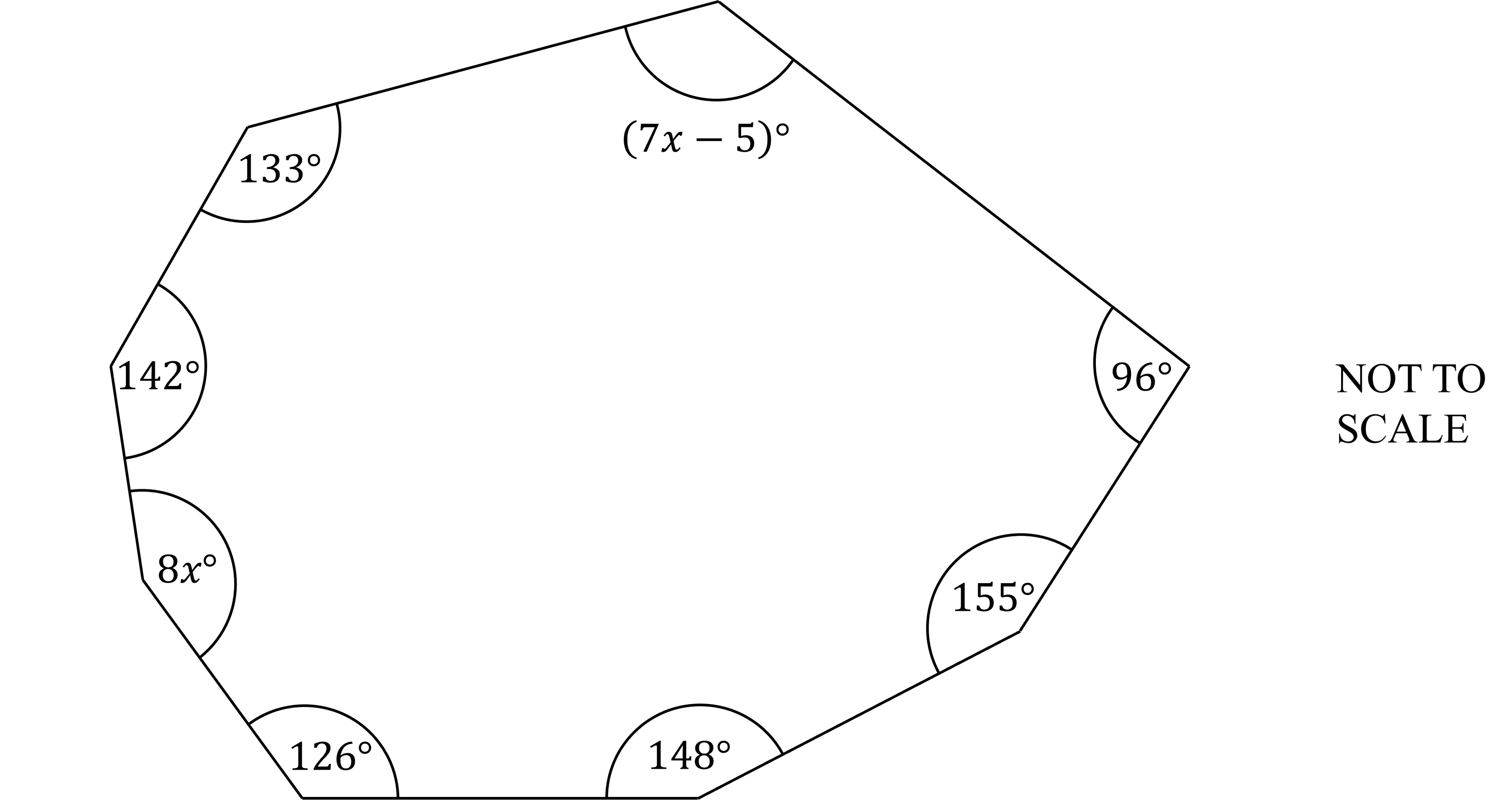 Irregular octagon with eight interior angles marked: 133°, 142°, 8x°, 126°, 148°, 155°, 96°, and  (7x−5)°.