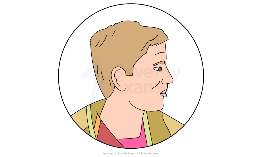 Illustration of a person with short brown hair in profile, wearing a brown and pink top, inside a circular frame on a white background.