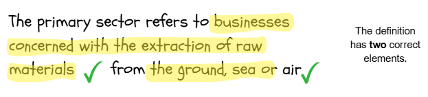 Text describes the primary sector as businesses extracting raw materials from ground, sea, or air. Two correct elements highlighted with ticks.
