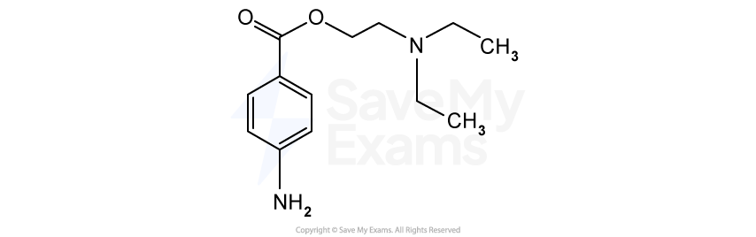 Chemical structure of novocaine, showing aromatic ring, amine group, and various bonds and functional groups in a skeletal formula representation.