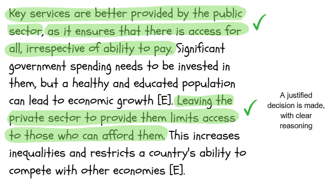 Text discusses public sector provision for key services to ensure access for all. Highlighted phrases emphasise equity and economic growth benefits.