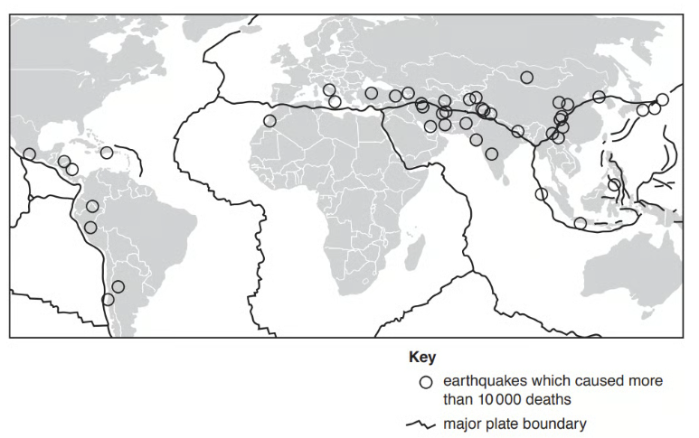 World map showing locations of earthquakes causing over 10,000 deaths, marked by circles, along major plate boundaries indicated by lines. Key included.
