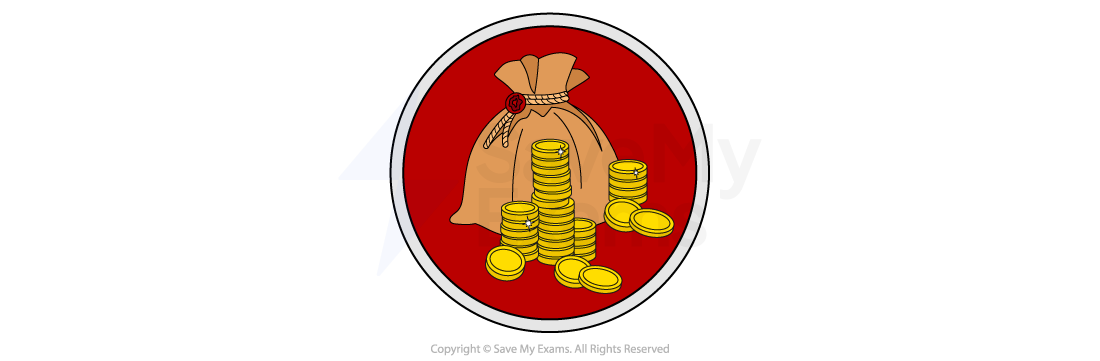 A brown money bag with a drawstring, surrounded by stacks of gold coins, against a red circular background with a grey border.