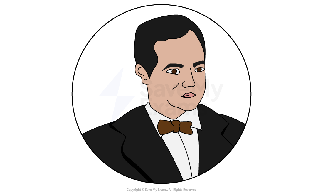 Illustrated portrait of a serious man in a suit and brown bow tie, with short black hair, set against a circular white background.