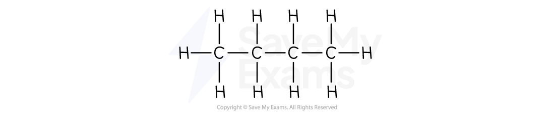 Structural formula of butane, showing a linear chain of four carbon atoms, each bonded to hydrogen atoms.